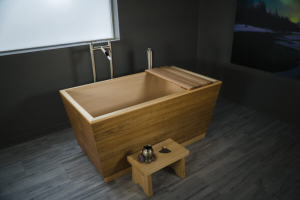 Hybrid Teak and Hinoki Ofuro Tub with Tray and Stool. Installed with Tub Filler and Sonoma Forge Remote Tub Drain & Overflow