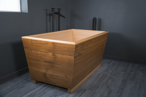 Hybrid Teak and Hinoki Ofuro Tub with Tub Filler and Sonoma Forge Remote Tub Drain & Overflow