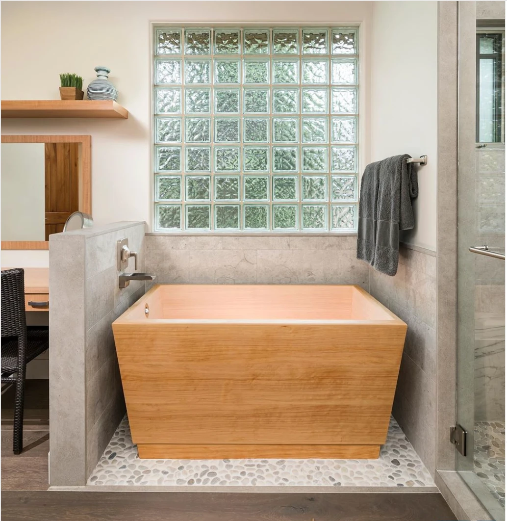 Zen Bathworks Hinoki Kyoto Ofuro soaking tub installed in tiled alcove