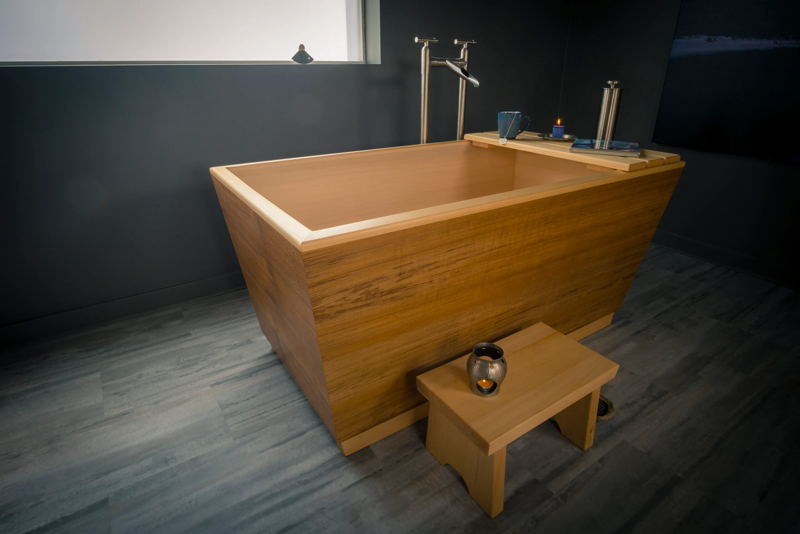 Zen Bathworks Installed Kyoto Ofuro soaking tub handcrafted with teak and hinoki wood