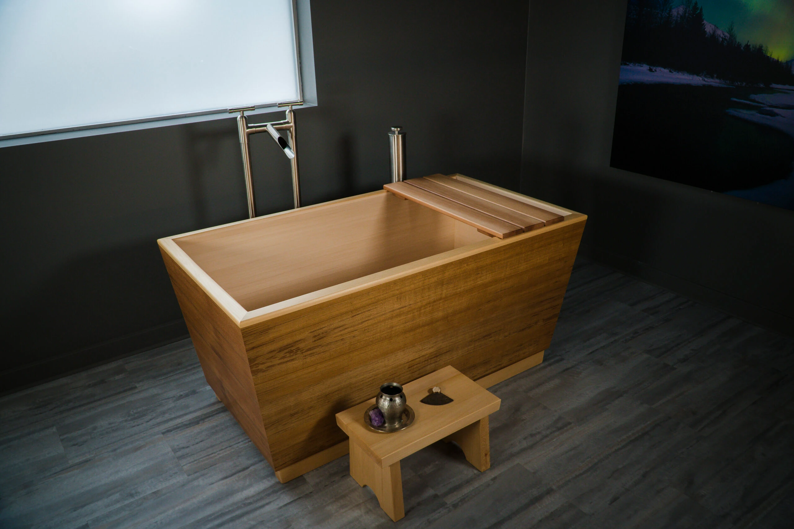 Hybrid Teak and Hinoki Ofuro Tub with Tray and Stool. Installed with Tub Filler and Sonoma Forge Remote Tub Drain & Overflow